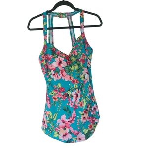 Catalina Slimming One Piece Swimsuit L 12/14 Teal Floral V Neck Tummy Control
